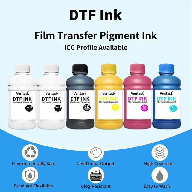 Alt view image 2 of 6 - DTF Ink 250ml×6 (CMYK+2 White) Vibrant Durable Anti-Clog PET Film Transfer Ink Compatible with Pro Printers Featuring ET-8550 XP-15000 L1800 L805 R2400 R1390 Printheads