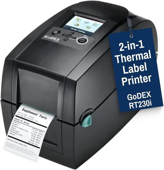 Main image of McAuley Labels GoDEX RT230i Thermal Label Printer 300 DPI 2 Desktop Barcode Printer with Color Display for Small Labels USB, Ethernet