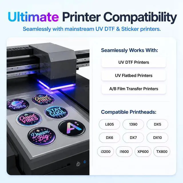 Alt view image 2 of 7 - UV DTF Ink 500ml x 6 Fast-Curing Direct to Film Ink for Glass Cup Wrap & Decals, for Ep XP600 i3200 TX800 L805 DX5 Printheads, for UV-DTF A/B Film Transfer Sticker Printer (CMYK+WH+Gloss Varnish)