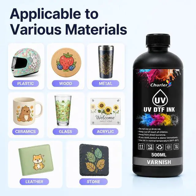 Alt view image 4 of 7 - UV DTF Ink 500ml x 6 Fast-Curing Direct to Film Ink for Glass Cup Wrap & Decals, for Ep XP600 i3200 TX800 L805 DX5 Printheads, for UV-DTF A/B Film Transfer Sticker Printer (CMYK+WH+Gloss Varnish)