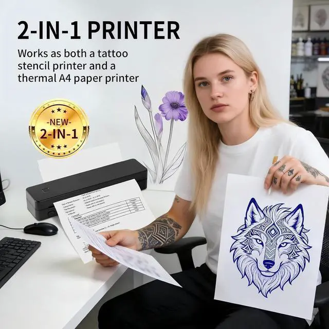 Alt view image 6 of 7 - Tattoo Stencil Printer,2-in-1 Wireless Bluetooth Thermal Printer for Stencils & Documents, with 10 Papers, Compatible iPhone Android PC, for Artists & Beginners