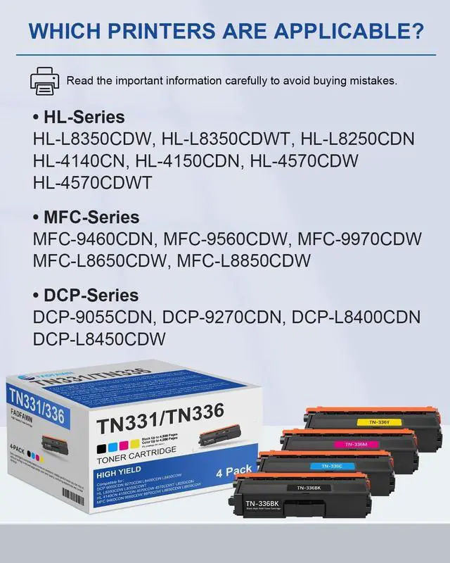 Alt view image 2 of 6 - TN331/TN336 High Yield Toner Cartridges Set 4-Pack (1BK/1C/1M/1Y)