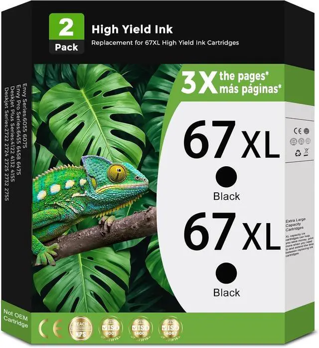 Main image of 67XL Black Ink Cartridges High-Yield Replacement for HP Ink 67 HP67 XL HP67XL for DeskJet 2827e 2855e 4155e 2755e 2700e 4255e 2852e 2700 2800 4100 2752 Envy 6000 6055 6055e 6400 6455e Printer (2-Pack)