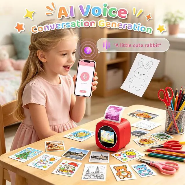Alt view image 2 of 7 - AI Sticker Printer for Kids Ages 3+: Mini Thermal Label Maker Box with 2.4" HD Screen, 6 Art Modes & 10 Paper Rolls, No Ink Needed DIY Craft Toy for Birthday Party, School Art Project, Travel