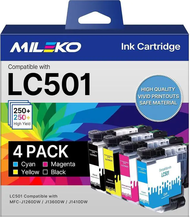 Main image of LC501 Ink Cartridges Compatible for Brother LC501 Ink Cartridge LC501XL LC 501 XL LC501 Ink Cartridges for Brother Printer MFC-J1360DW MFC-J1410DW MFC-J1260W Ink (B/C/M/Y, 4 Pack)