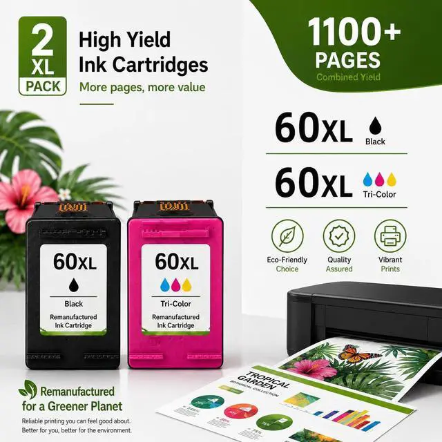 Alt view image 2 of 7 - 60XL Ink Cartridges Combo Pack, Black & Color Replacement for HP 60 60XL for Photosmart D110 D110A C4650 C4680 C4780, Deskjet D2680 F2430 F4210 F4440 F4400, Envy 100 110 114 111 120 Printer 2-Pack