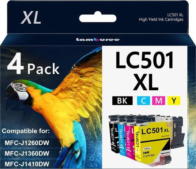 Main image of LC501XL High Yield Ink Cartridge Replacment for Brother LC501 LC501XL Compatible with Brother MFC-J1260DW, MFC-J1360DW, MFC-J1410DW (4 Pack, Black, Cyan, Magenta, Yellow)