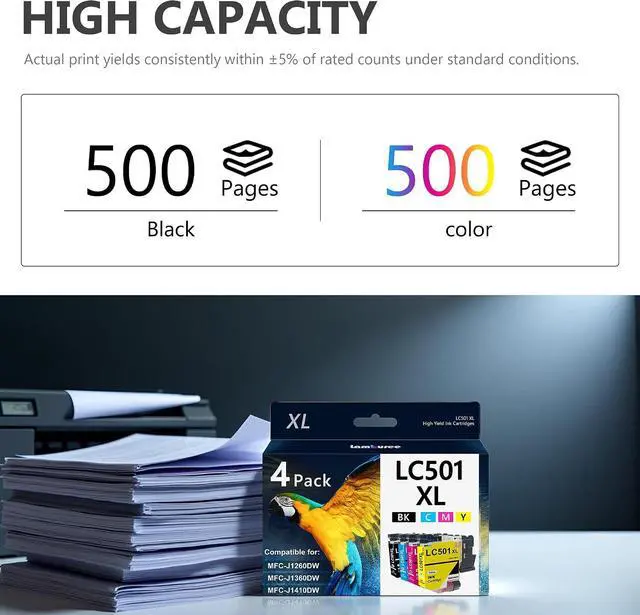 Alt view image 3 of 7 - LC501XL High Yield Ink Cartridge Replacment for Brother LC501 LC501XL Compatible with Brother MFC-J1260DW, MFC-J1360DW, MFC-J1410DW (4 Pack, Black, Cyan, Magenta, Yellow)