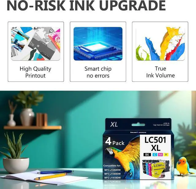 Alt view image 4 of 7 - LC501XL High Yield Ink Cartridge Replacment for Brother LC501 LC501XL Compatible with Brother MFC-J1260DW, MFC-J1360DW, MFC-J1410DW (4 Pack, Black, Cyan, Magenta, Yellow)