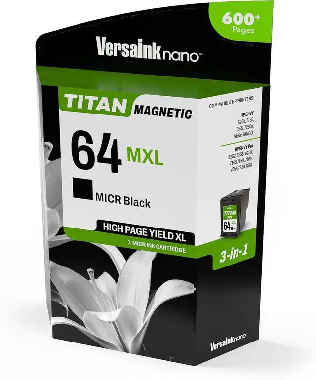 Alt view image 2 of 7 - VersaInk-Nano 64 MXL Titan-Magnetic (MICR 3-in-1) Black Ink Cartridge Replacement of 64 and 64 XL, Works with Envy 6255,7155,7855,7255e,7955e,Tango