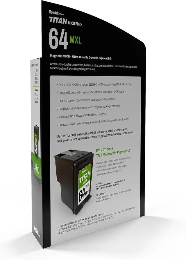 Alt view image 3 of 7 - VersaInk-Nano 64 MXL Titan-Magnetic (MICR 3-in-1) Black Ink Cartridge Replacement of 64 and 64 XL, Works with Envy 6255,7155,7855,7255e,7955e,Tango