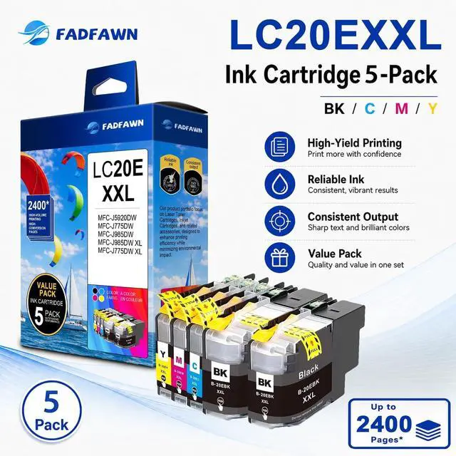 Alt view image 2 of 7 - LC20EXXL LC20E Ink Cartridges 5-Pack Super High Yield Replacement for Brother LC20E LC20E-XXL Ink Cartridges Work for MFC-J5920DW MFC-J775DW MFC-J775DW XL MFC-J985DW MFC-J985DW XL Printer (2BK/C/M/Y)