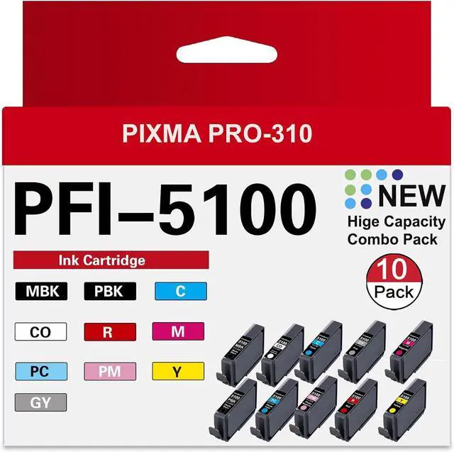 Main image of PFI-5100 Ink Cartridges - High Capacity Compatible for Canon imagePROGRAF PRO-310 Printer, 10-Pack (MBK, PBK, C, M, Y, R, GY, PC, PM, CO)
