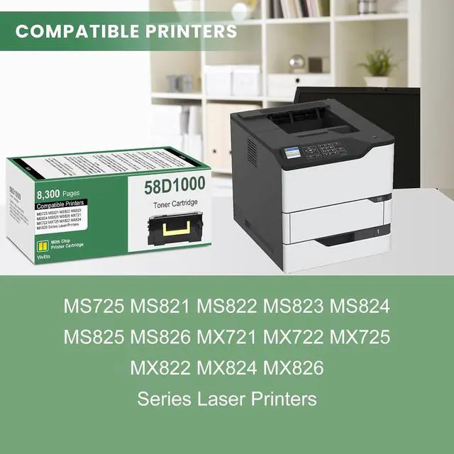 Alt view image 2 of 6 - 58D1000 Black Toner Cartridge (with New Chip) Repalcement for Lexmark 58D1000 Toner Cartridge for MS725 MS821 MS822 MS823 MS824 MS825 MX721 MX722 Laser Printers, 1 Pack 58D1000 Ink Kit