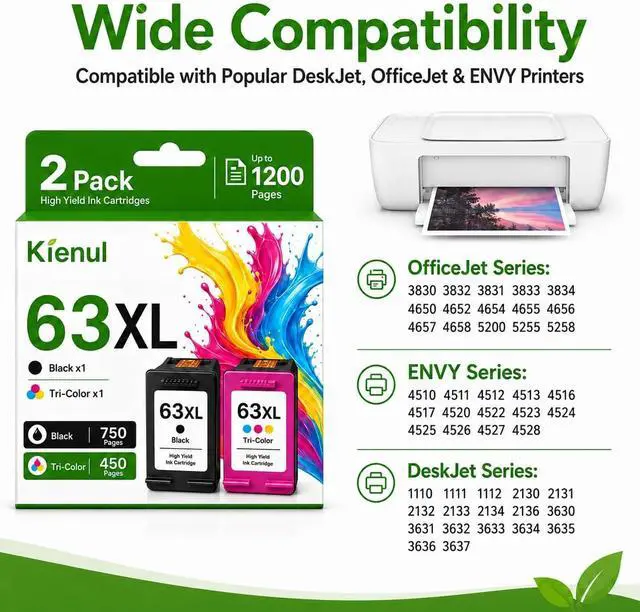 Alt view image 2 of 7 - 63XL Ink Cartridge Black and Color Combo Pack Replacement for HP 63 63XL Ink Cartridge, Work with OfficeJet 3830 4650 4652 4655 5255 5258 Envy 4520 4512 DeskJet 3630 3632 2130 1112 Printer(2 Pack)