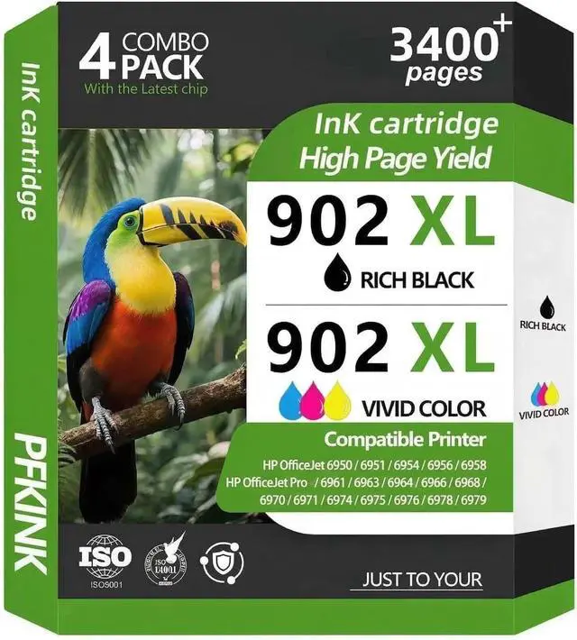 Main image of 902XL Ink Cartridges for HP Printers, 4 Pack Replacement for HP 902 XL, Black Cyan Magenta Yellow, for OfficeJet Pro 6978 6968 6974 6975 6960 6951 6954 6956 6958
