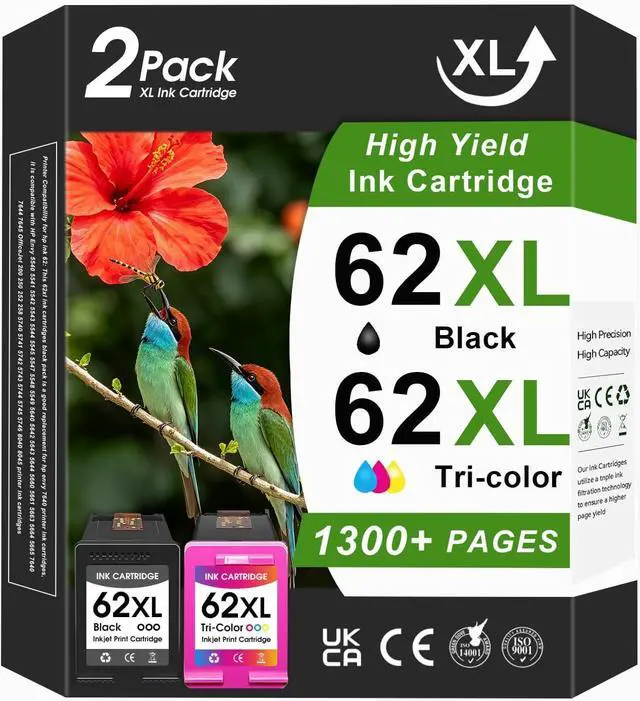 Main image of Printer Ink 62 62xl Replacement for HP Ink 62 62XL Ink Cartridge Combo Pack Work with Envy 5660 5640 5540 5642 7640 7645 Officejet 250 5740 Printer (1 Black, 1 Tri-Color, 2 Pack)