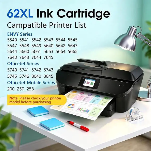 Alt view image 2 of 7 - Printer Ink 62 62xl Replacement for HP Ink 62 62XL Ink Cartridge Combo Pack Work with Envy 5660 5640 5540 5642 7640 7645 Officejet 250 5740 Printer (1 Black, 1 Tri-Color, 2 Pack)