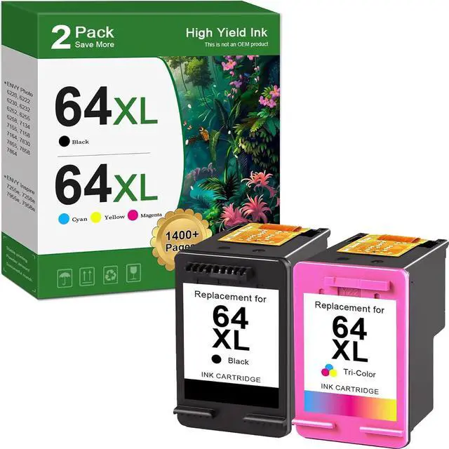 Main image of 64 XL 64XL Black and Color Ink Cartridge Replacement for HP Ink 64XL HP64 Ink Cartridge for HP Envy Photo 7855 7858 7155 6255 7100 7800 Tango Printer (2 Pack)