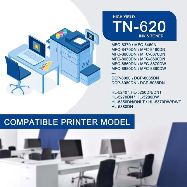 Alt view image 2 of 7 - 1 Pack TN620 TN-620 Black Toner Cartridge Compatible TN620 Replacement for Brother HL-5240 5250DN/DNT 5270DN 5280DW MFC-8370 8460N 8470DN 8480DN 8660DN 8670DN 8690DN 8860DN DCP-8060 8065DN Printe