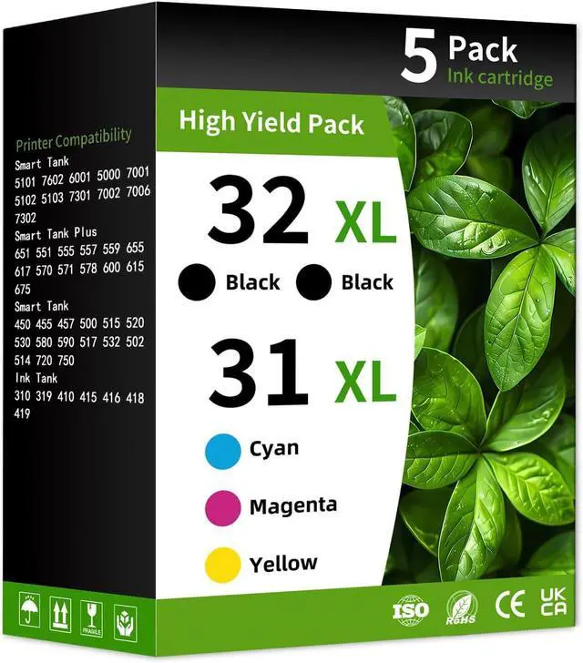 Main image of 31 32XL Refill Ink Bottle Set For Hp 31 32XL Ink Bottle Set Compatible For Hp Smart Tank 7600 7602 7300 7301 7001 6001 5101 5100 5000 651 551 757 760 Printer Black Cyan Magenta Yellow (5 Pack)