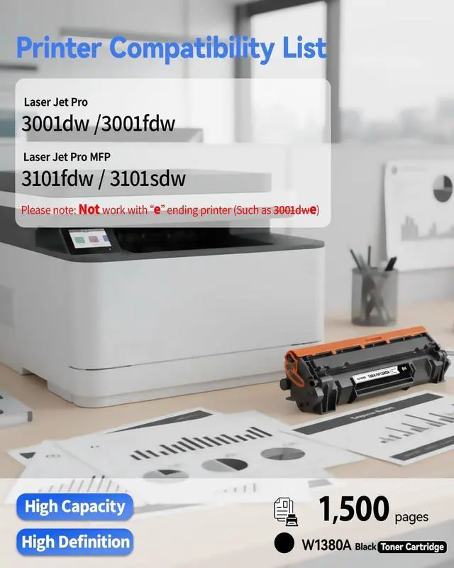 Alt view image 2 of 7 - 138A Toner Cartridge 2-Pack W1380A Black (with Latest Chip) High-Capacity Replacement Compatible for HP Laser Jet Pro 3001dw 3001fdw MFP 3101fdw 3101sdw 3,000 Page Yield