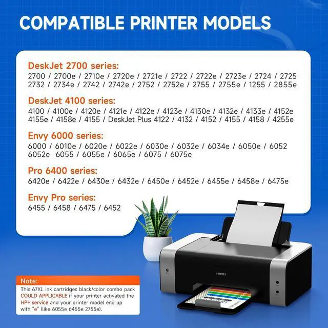 Alt view image 2 of 7 - Compatible 67XL Ink Cartridge Replacement for HP DeskJet 2855e 2700 2700e 2755 2755e 2752 4152 2755 Envy 6000 6055 6055e 6400 6455, Black, Tri-color, 2-Pack