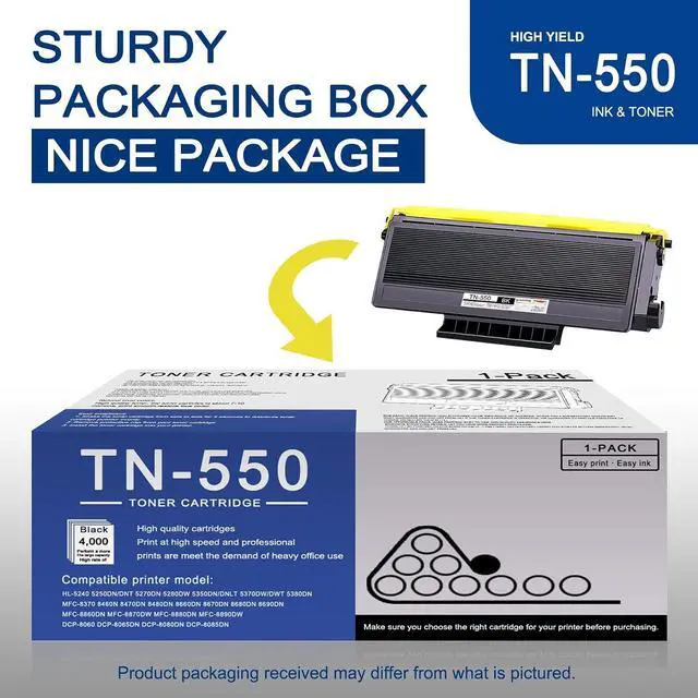 Alt view image 5 of 7 - 1 Pack TN550 TN-550 Black Toner Cartridge High Yield Compatible TN550 Replacement for Brother HL-5370DW 5240 5340D 5250DN/DNT 5270DN 5280DW DCP-8060 8065DN MFC-8660DN 8460 8470 8480 8660 8680 Printer