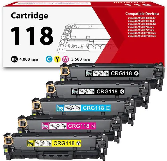Main image of 118 Toner Cartridge Set Replacement for Canon Cartridge 118, Compatible with imageCLASS MF8580Cdw MF8380Cdw MF8350Cdn MF726Cdw LBP622Cdw MF641Cw Printer (5-Pack, 2 Black, 1 Cyan, 1 Magenta, 1 Yellow)