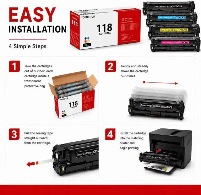 Alt view image 7 of 7 - 118 Toner Cartridge CRG-118 Toner High-Yield 4-Pack (BK/C/M/Y) Replacement for Canon 118 CRG-118 Toner for ImageCLASS MF8580Cdw MF8380Cdw MF8350Cdn MF726Cdw LBP7660Cdn LBP7200CDN MF729CDW Printer