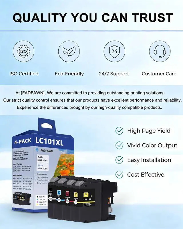 Alt view image 7 of 7 - LC101XL LC101 Ink Cartridges Replacement for Brother Printer LC101 LC103 XL Ink Cartridges High Yield - Work with MFC-J870DW MFC-J6920DW MFC-J6520DW MFC-J450DW MFC-J470DW (BK/C/M/Y, 4-Pack)