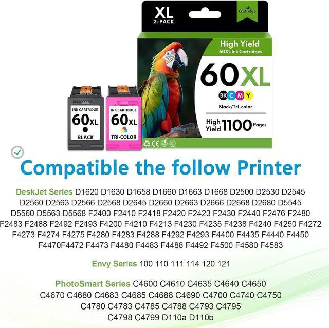 Alt view image 2 of 7 - 60XL Black/Tri-Color Ink Cartridges High Yield Replacement for HP(2-Pack)
