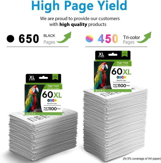Alt view image 3 of 7 - 60XL Black/Tri-Color Ink Cartridges High Yield Replacement for HP(2-Pack)