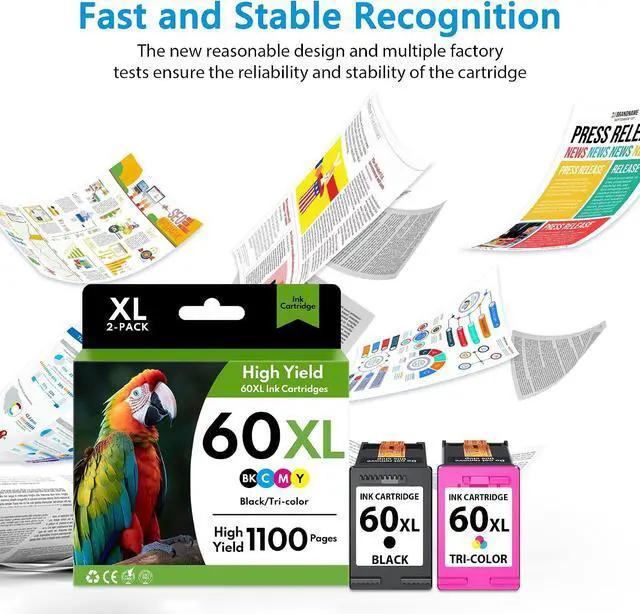 Alt view image 7 of 7 - 60XL Black/Tri-Color Ink Cartridges High Yield Replacement for HP(2-Pack)