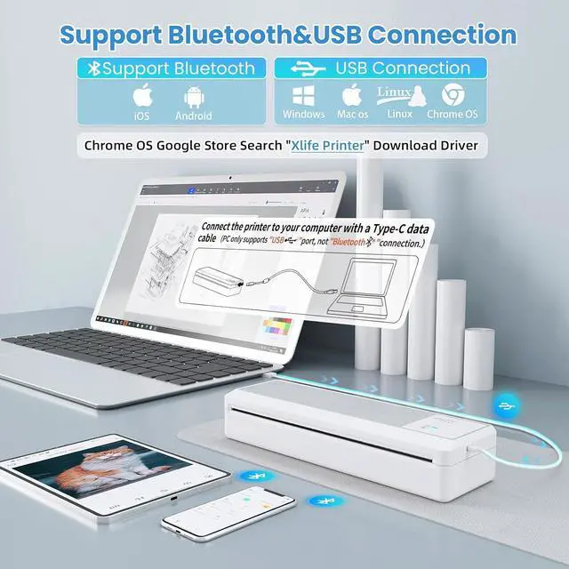 Alt view image 2 of 7 - vretti P83 Portable Printers Wireless for Travel, A4 Portable Thermal Printer, Mobile Inkless Printer Compatible with Phone & Laptop, Supports 8.5 x 11 US Letter for Car School Office Home Use, White