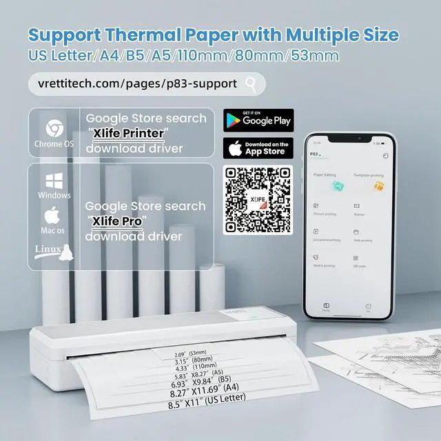 Alt view image 4 of 7 - vretti P83 Portable Printers Wireless for Travel, A4 Portable Thermal Printer, Mobile Inkless Printer Compatible with Phone & Laptop, Supports 8.5 x 11 US Letter for Car School Office Home Use, White