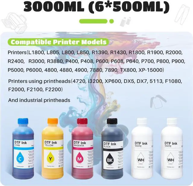 Alt view image 2 of 5 - FAFAIR DTF Ink 6x500ml for L1800 L805 XP600 R1390, Direct to Film CMYK+2White Pigment Transfer Ink High Fluidity Clog-Resistant Formula for Cotton Polyester T-Shirts
