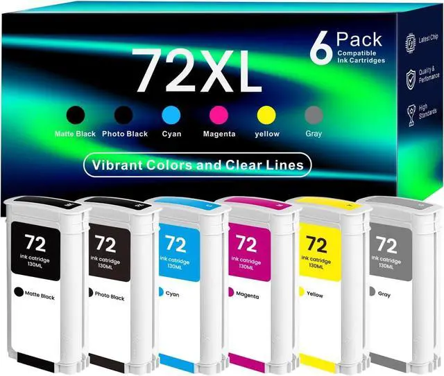 Main image of 72 Ink Cartridges Latest Upgrade Replacement for 72 C9403A C9370A C9371A C9372A C9373A C9374A, Compatible with HP DesignJet T610 T620 T770 T790 T795 T1100 T1120 T1200 T1300 T2300 (130ml, 6 Pack)