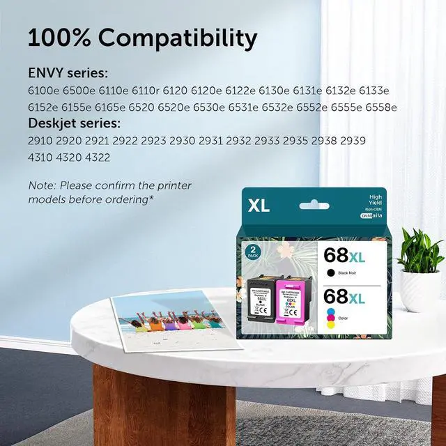 Alt view image 2 of 7 - 68XL Ink Cartridges Black Color Combo Pack Remanufactured for HP 68 Ink Cartridges Replacement for HP Ink 68 XL 68e for Envy 6100e 6500e Series 6155e 6555e 6152e 6552e 6558e (1 Black, 1 Tri-Color)