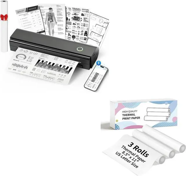 Main image of N80 Portable Printer with 3 Rolls Thermal Paper 8.5"x11" US Letter Size for School or Work, Printing Files, Picture, etc