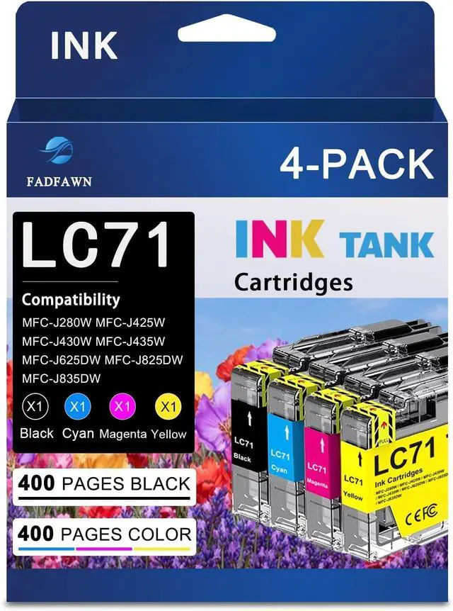 Main image of LC71 Ink Cartridges (4-Pack) BK/C/M/Y - Replacement for Brother LC71 LC75 Ink Cartridges Work for MFC-J280W MFC-J425W MFC-J430W MFC-J435W MFC-J625DW MFC-J825DW MFC-J835DW Printer
