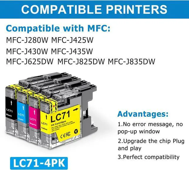 Alt view image 3 of 6 - LC71 Ink Cartridges (4-Pack) BK/C/M/Y - Replacement for Brother LC71 LC75 Ink Cartridges Work for MFC-J280W MFC-J425W MFC-J430W MFC-J435W MFC-J625DW MFC-J825DW MFC-J835DW Printer