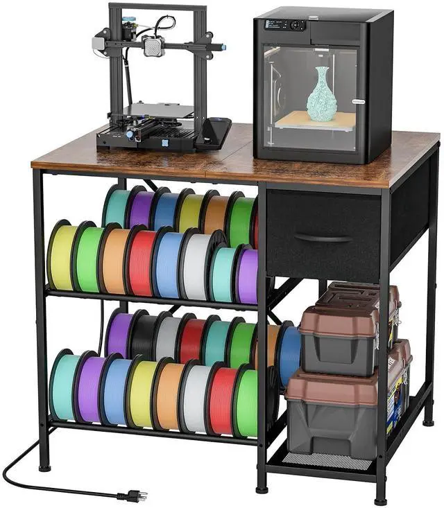 Main image of 3D Printer Table with Filaments Storage, 3D Printer Stand Storage Rack with Drawer, Wood Desktop Printing Workstation with 4-Tier Spool Holder for Workshop Studio Office