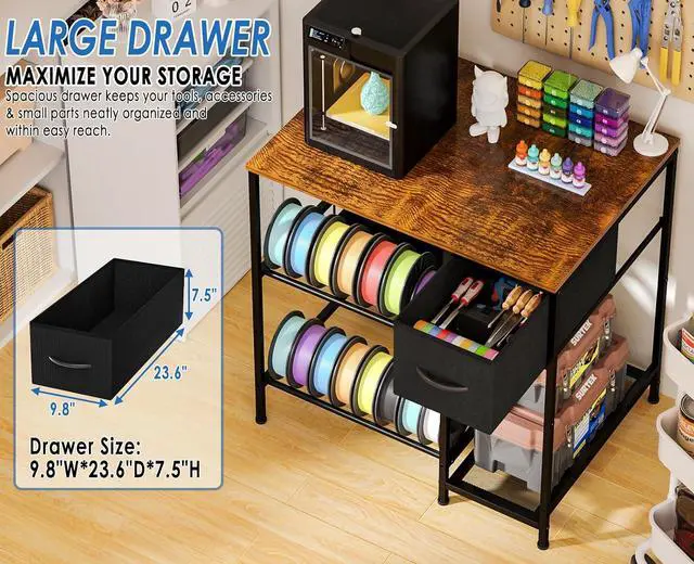 Alt view image 3 of 7 - 3D Printer Table with Filaments Storage, 3D Printer Stand Storage Rack with Drawer, Wood Desktop Printing Workstation with 4-Tier Spool Holder for Workshop Studio Office