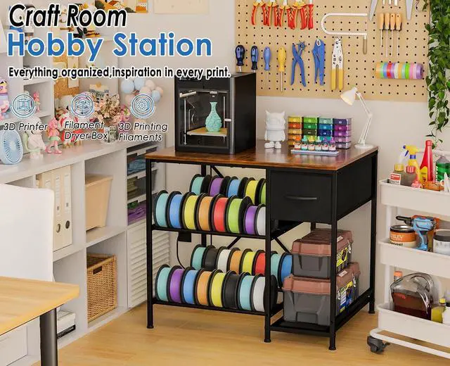 Alt view image 2 of 7 - 3D Printer Table with Filaments Storage, 3D Printer Stand Storage Rack with Drawer, Wood Desktop Printing Workstation with 4-Tier Spool Holder for Workshop Studio Office