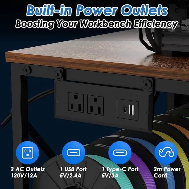 Alt view image 4 of 7 - 3D Printer Table with Filaments Storage, 3D Printer Stand Storage Rack with Drawer, Wood Desktop Printing Workstation with 4-Tier Spool Holder for Workshop Studio Office
