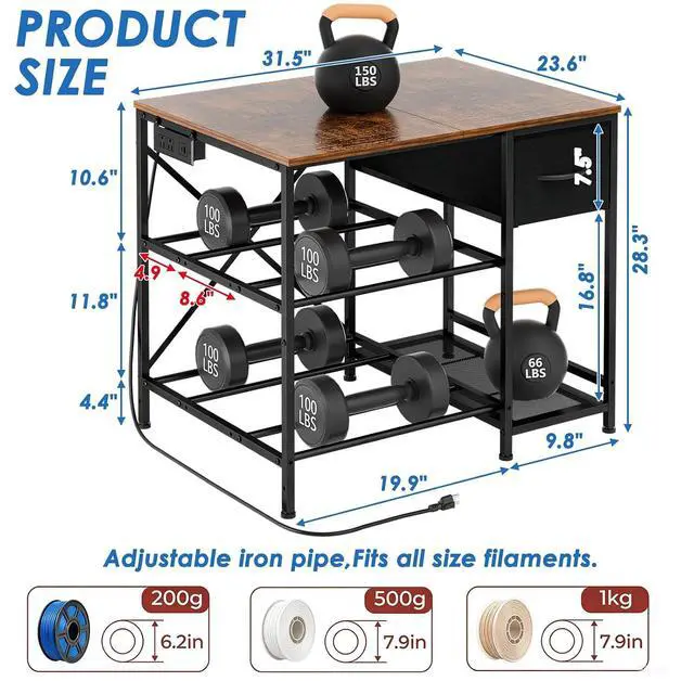 Alt view image 5 of 7 - 3D Printer Table with Filaments Storage, 3D Printer Stand Storage Rack with Drawer, Wood Desktop Printing Workstation with 4-Tier Spool Holder for Workshop Studio Office