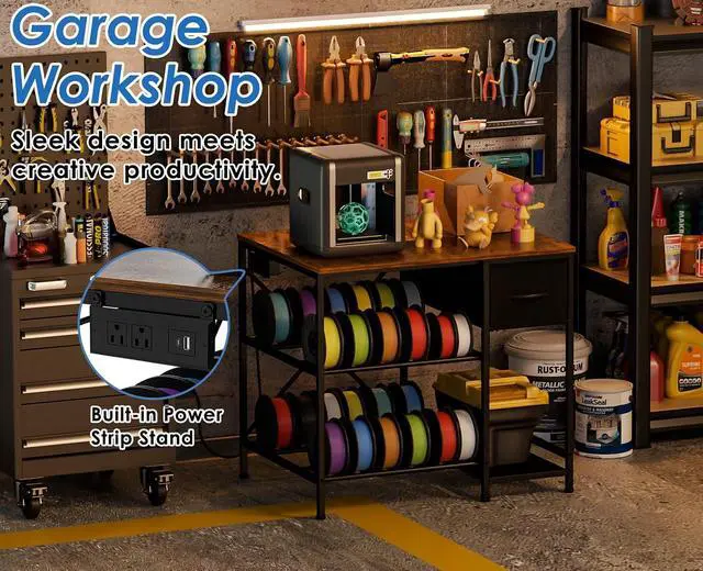Alt view image 7 of 7 - 3D Printer Table with Filaments Storage, 3D Printer Stand Storage Rack with Drawer, Wood Desktop Printing Workstation with 4-Tier Spool Holder for Workshop Studio Office
