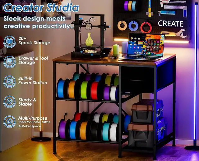 Alt view image 6 of 7 - 3D Printer Table with Filaments Storage, 3D Printer Stand Storage Rack with Drawer, Wood Desktop Printing Workstation with 4-Tier Spool Holder for Workshop Studio Office