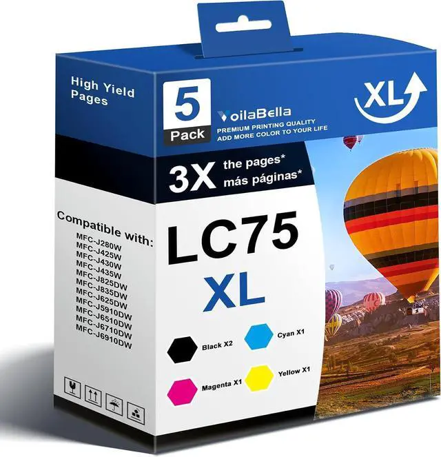 Main image of LC75 LC75XL Ink Cartridges Set (5-Pack) High Yield Replacement for Brother LC75XL Ink Work for MFC-J280W MFC-J425W MFC-J430W MFC-J435W MFC-J5910DW Printer (2Black 1Cyan 1Magenta 1Yellow)